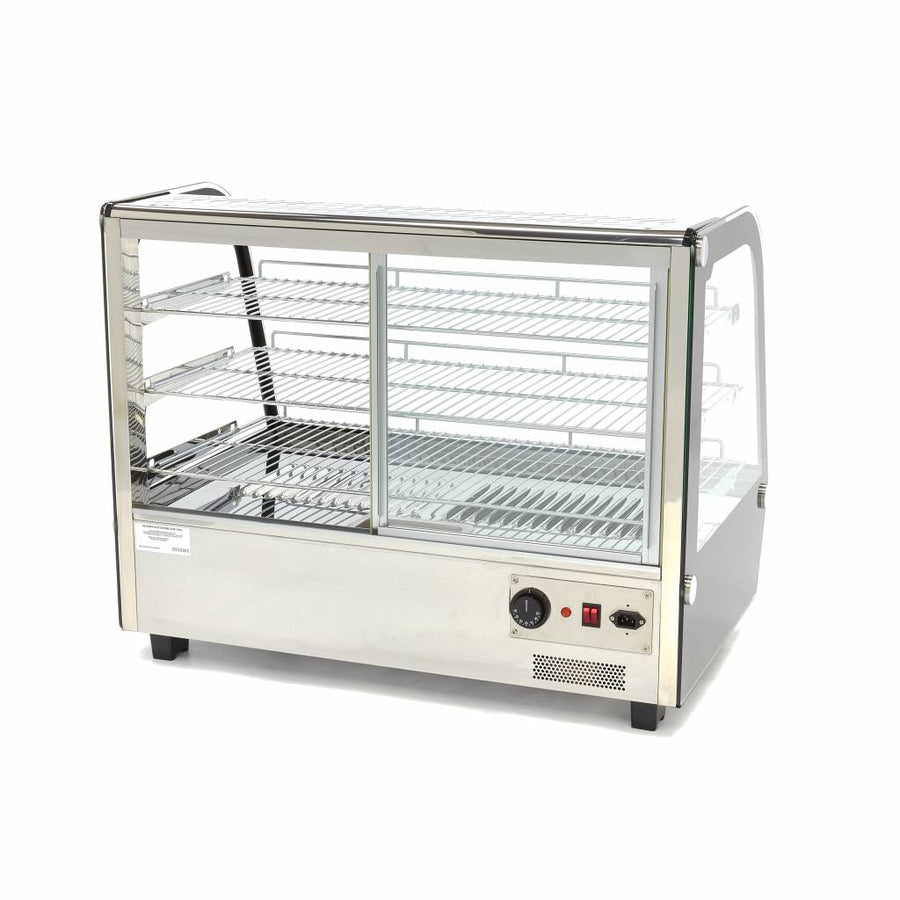 Vitrine chauffante Maxima de 160 L avec 3 étagères, en verre et acier, pour présentation de produits chauds.