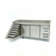 Saladette à pizza Maxima, réfrigérateur pour la préparation des pizzas, 202 cm, 2 portes, 7 tiroirs, équipement professionnel.