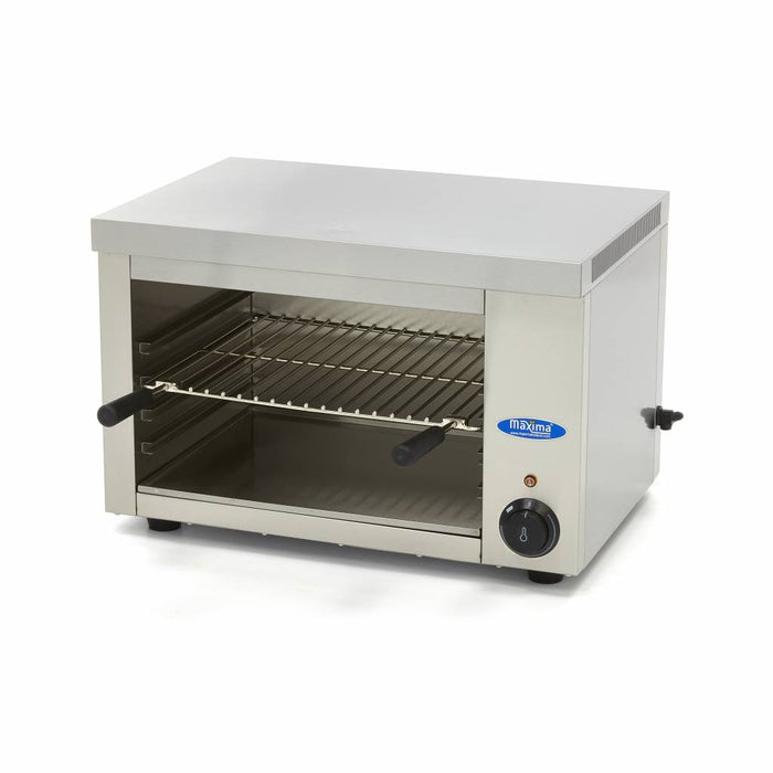 Grill salamandre Maxima de 42x34 cm, 2200W, montrant la surface de cuisson et le thermostat réglable.