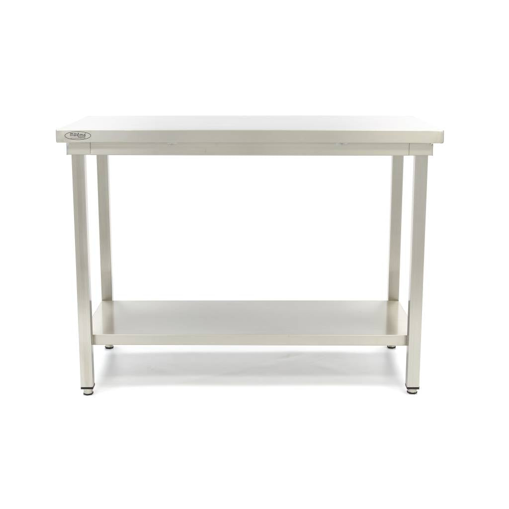 Table en acier inoxydable Maxima, 140x60 cm, hauteur réglable avec étagère de rangement, idéale pour espace de travail.