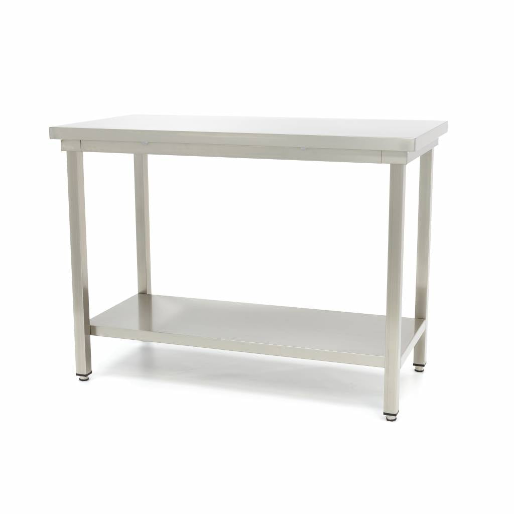 Table en acier inoxydable Maxima, table de travail réglable 120x70 cm, robuste et pratique pour l'atelier ou la cuisine.