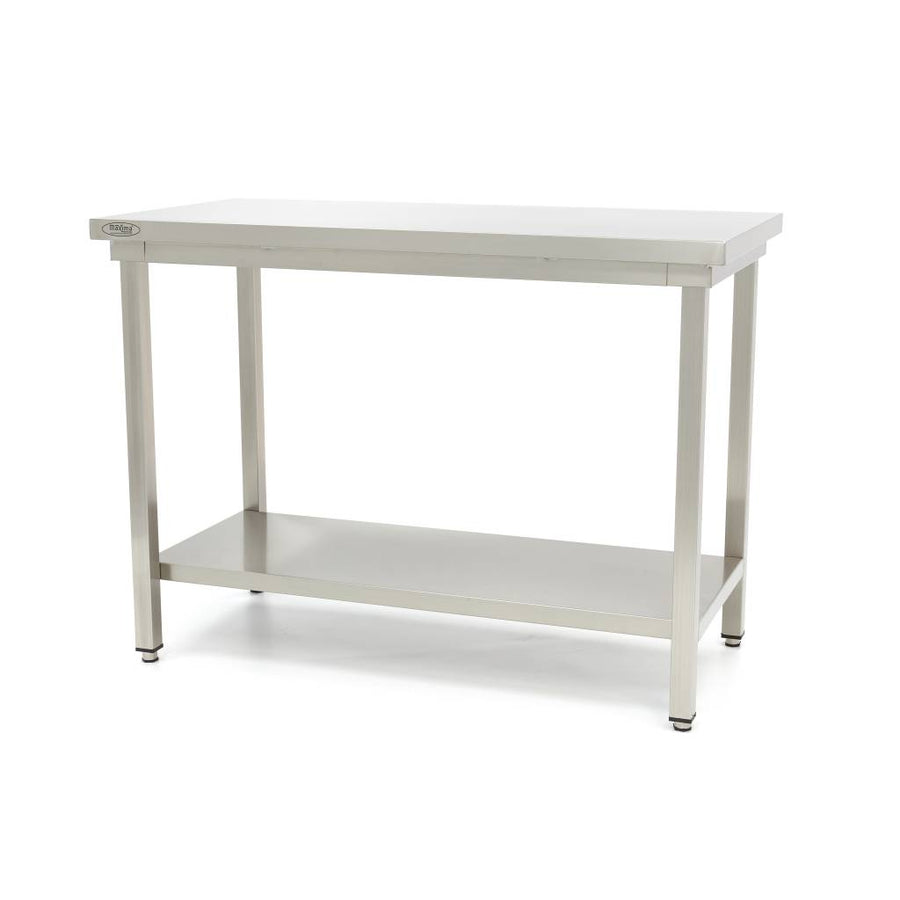 Table en acier inoxydable Maxima, table de travail 120x60 cm avec étagère de rangement et hauteur réglable.