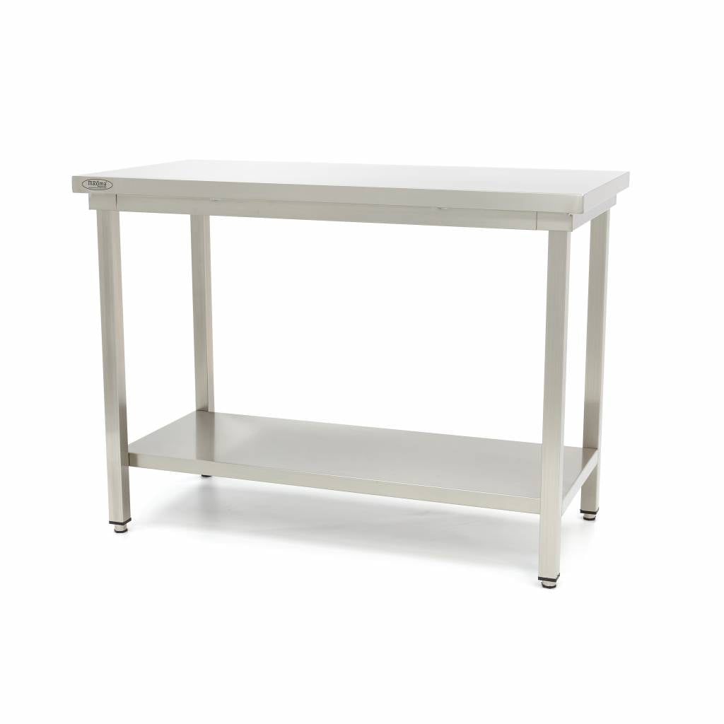 Table en acier inoxydable Maxima, table de travail réglable 140 x 70 cm, surface solide et hauteur ajustable.
