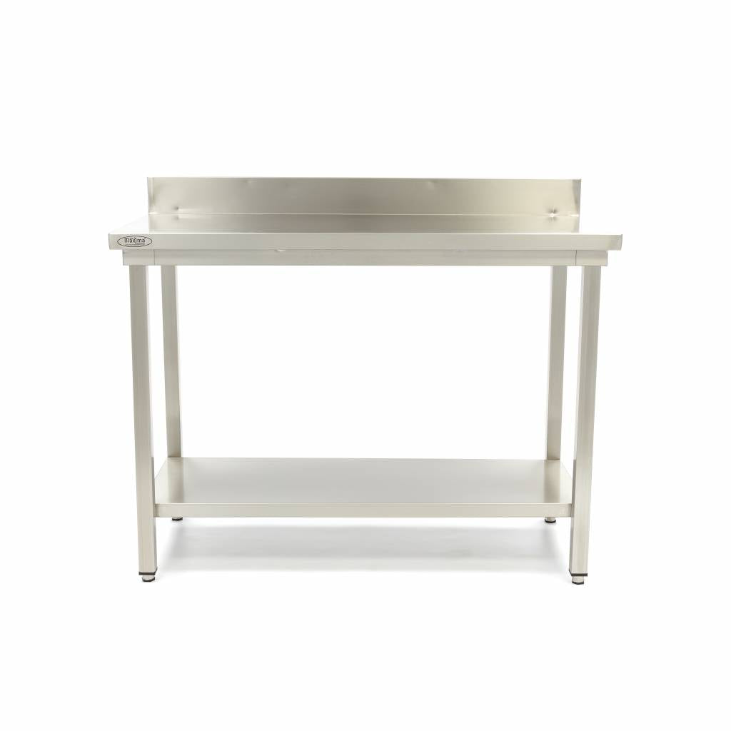 Table en acier inoxydable Maxima, 200x70 cm, hauteur réglable, avec dosseret, surface lisse et résistante.