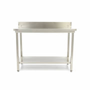 Table en acier inoxydable Maxima, 200x70 cm, hauteur réglable, avec dosseret, surface lisse et résistante.