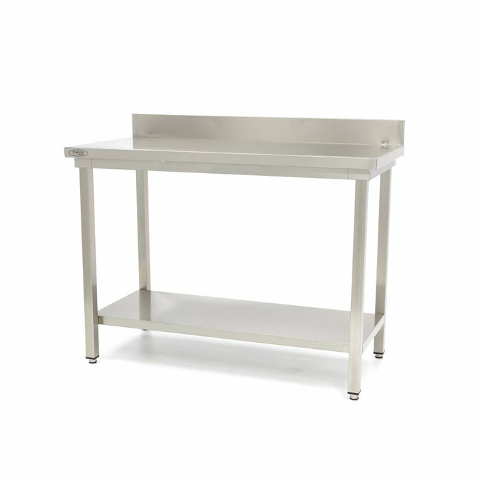 Table en acier inoxydable Maxima, 80x70 cm, hauteur réglable avec dosseret pour espace de travail professionnel.