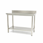 Table en acier inoxydable Maxima, table de travail 100x70 cm, hauteur réglable avec dosseret, solide et pratique.