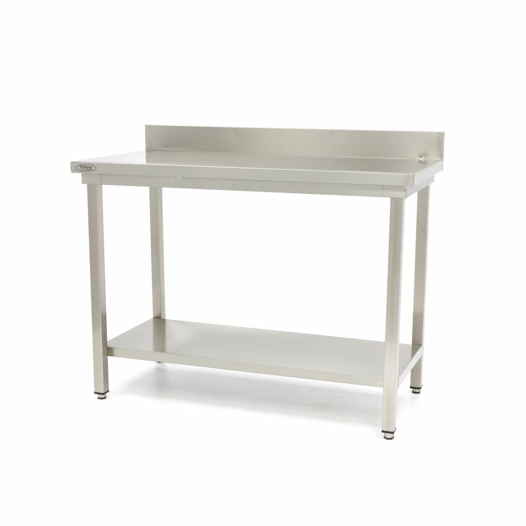 Table en acier inoxydable Maxima, 180 x 70 cm, hauteur réglable avec dosseret, idéal pour environnement professionnel.