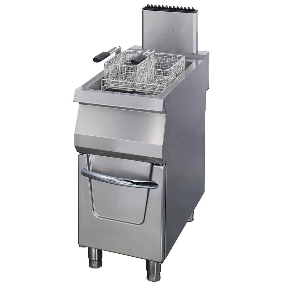 Friteuse à gaz Maxima Ligne de cuisson 900, 22L, unité simple, profondeur 90 cm, robinet de vidange, design professionnel.