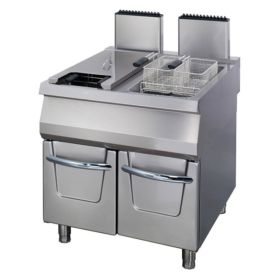 Friteuse professionnelle Maxima Ligne de cuisson 900, double unité de 22 L, robinet de vidange, gaz, profondeur 90 cm.