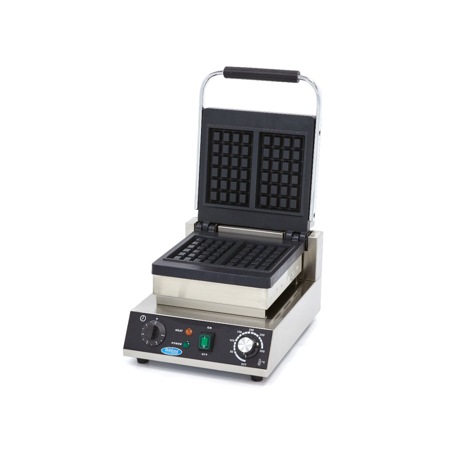 Gaufrier professionnel Maxima avec deux plaques pour gaufres belges, surface en fonte, design compact et robuste.