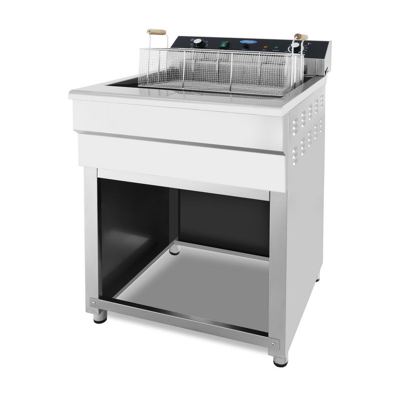 Friteuse Maxima de 45 L avec un panier, robinet de vidange, alimentation 400V, en acier inoxydable.