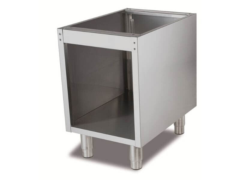 Support et soubassement ouvert en inox de 40 cm de la série Eco, fabriqué par SGS Gastro, visible en image.
