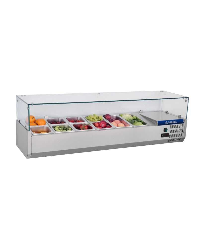 Présentoir à ingrédients froid Cuistance, dimensions L1400×P335×H440 mm, pour présentation élégante en cuisine ou restaurant.