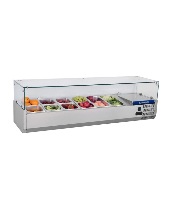 Présentoir à ingrédients froid Cuistance, dimensions 1600×395×440 mm, en verre avec compartiments pour ingrédients alimentaires