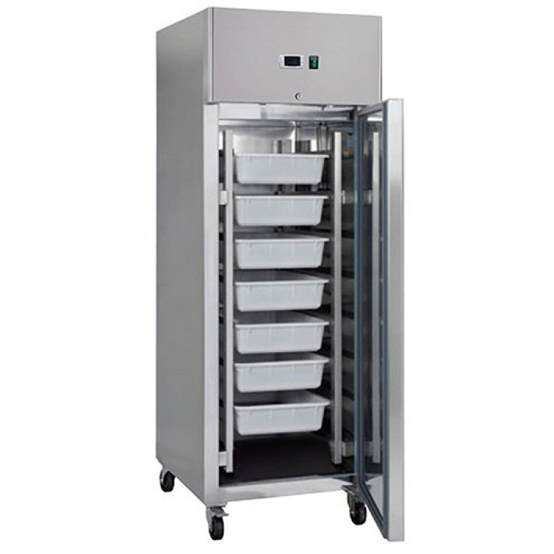 Réfrigérateur à poisson Maxima en acier inoxydable, 600 L, 7 conteneurs, sur roulettes, idéal pour stockage de poissons.