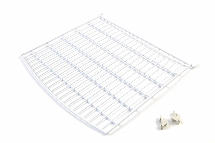 Présentoir réfrigéré Maxima Showcase 235L blanc avec étagère et 2 clips, vue de face avec bras longs.