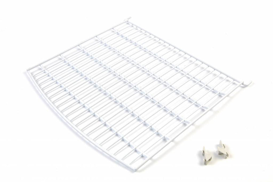 Présentoir réfrigéré Maxima Showcase 235L blanc avec étagère et 2 clips, vue de face avec bras longs.