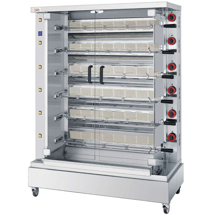Rôtissoire professionnelle à gaz FECA INDES 6 avec 6 broches indépendantes, capacité de 36 poulets, surface de cuisson en acier.