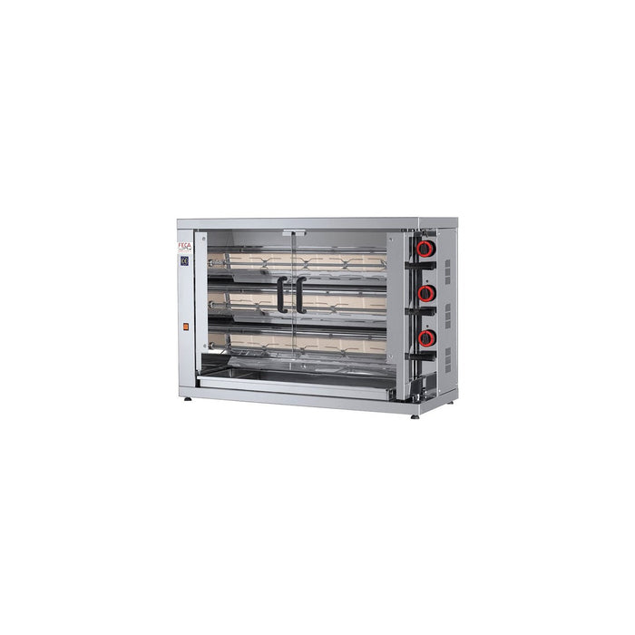 Rôtissoire électrique professionnelle FECA pour 15 à 18 poulets, 3 broches, gril robuste, puissance 12 600 W, voltage 400 V.