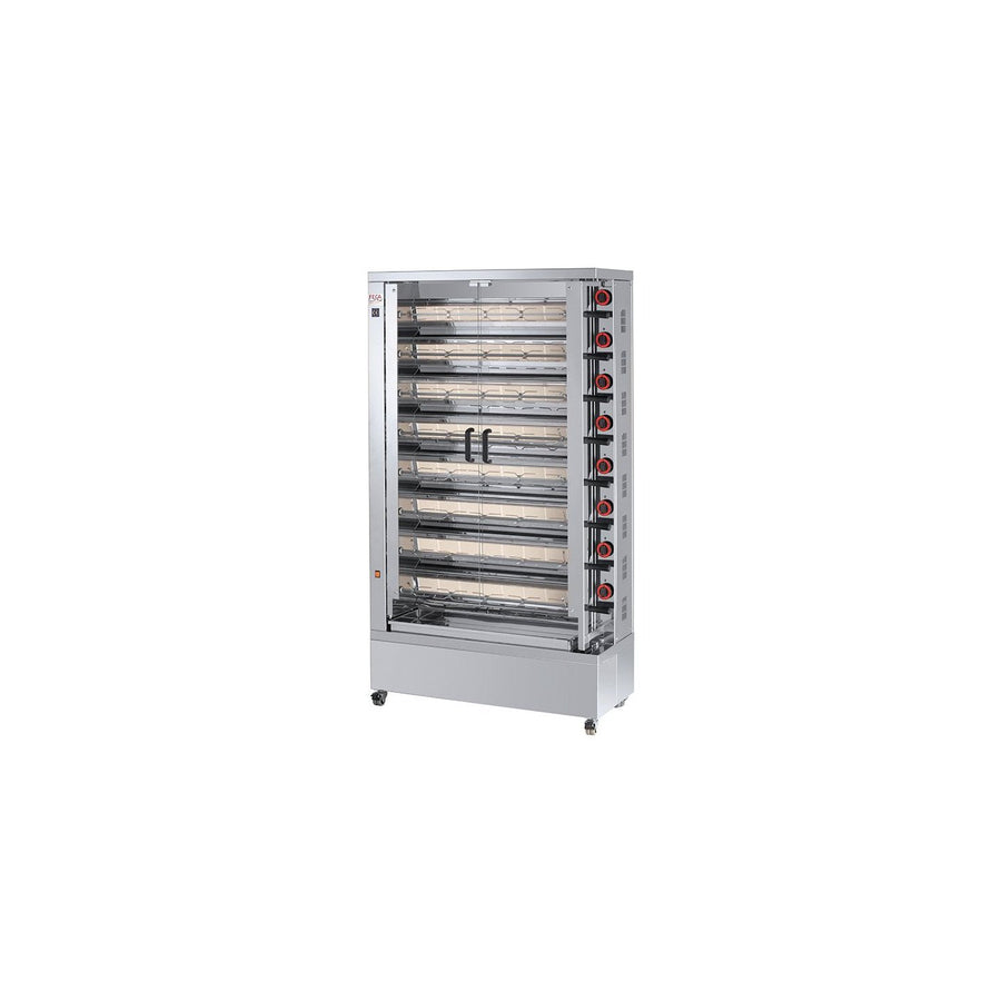 Rôtissoire électrique professionnelle FECA avec 8 broches, vitrocéramique, capacité pour 32-48 poulets, 3 600 W, 400 V.