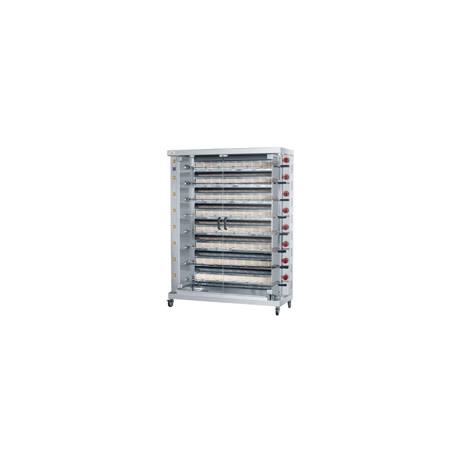 Rôtissoire professionnelle FECA XL à gaz avec 8 broches indépendantes pour 56-64 poulets, grand gril, vue de l’appareil.