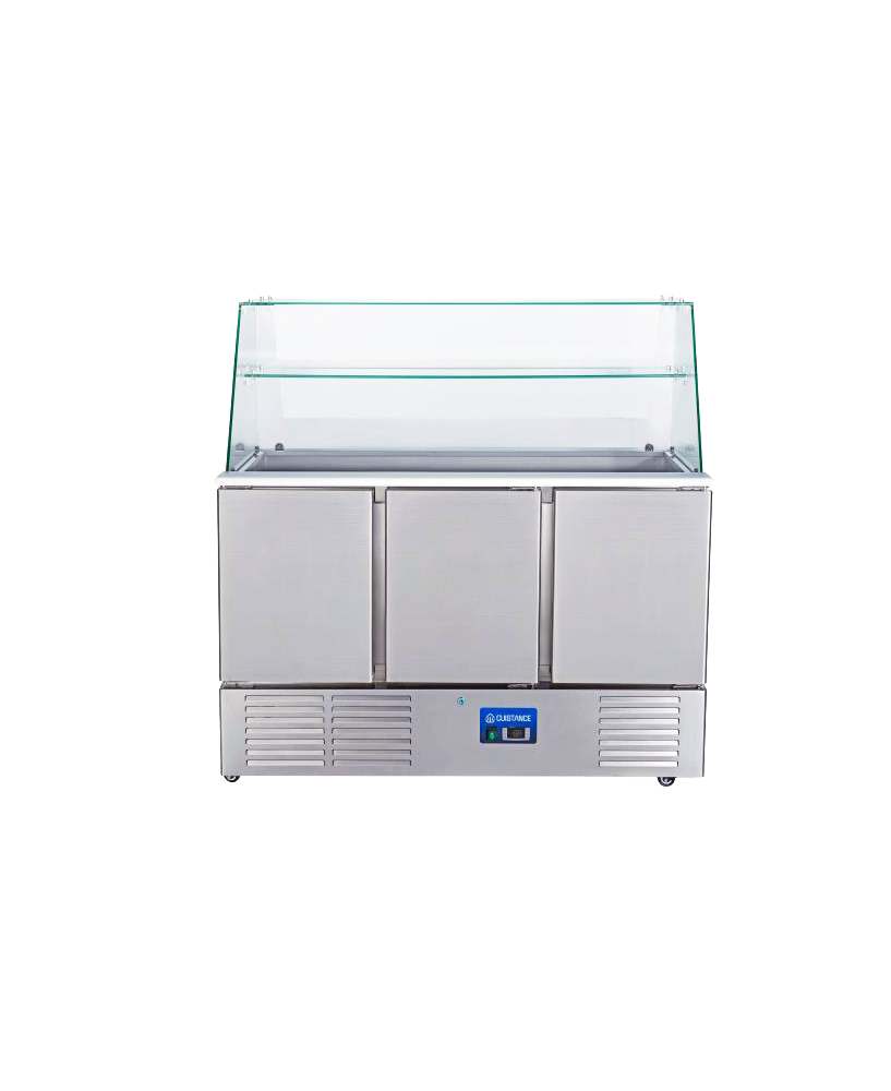Saladette réfrigérée Cuistance avec pare haleine, dimensions L1365 × P700 × H1315 mm, pour la conservation des aliments.