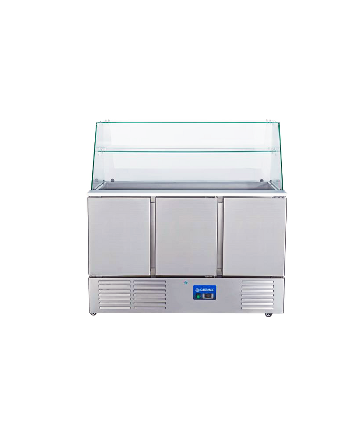 Saladette réfrigérée Cuistance avec pare haleine, dimensions L1365 × P700 × H1315 mm, pour la conservation des aliments.