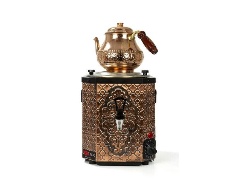Samovar inox professionnel SGS Gastro de 3 L avec théière en cuivre, modèle antique, pour chauffage de l'eau et thé.