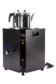 Samovar professionnel noir SGS Gastro avec 2 théières, capacité de 25 L et puissance de 2,5 kW, visible en image.