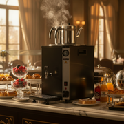 Samovar professionnel noir SGS Gastro avec deux théières, capacité de 25 L et puissance de 2,5 kW, pour service de thé.