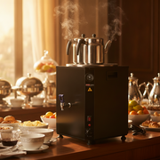 Samovar professionnel noir SGS Gastro avec 2 théières, capacité de 25 L et puissance de 2,5 kW, pour service de thé.