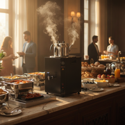 Samovar professionnel noir SGS Gastro avec 2 théières, capacité de 25 L et puissance de 2,5 kW, pour servir thé et boissons chaudes.