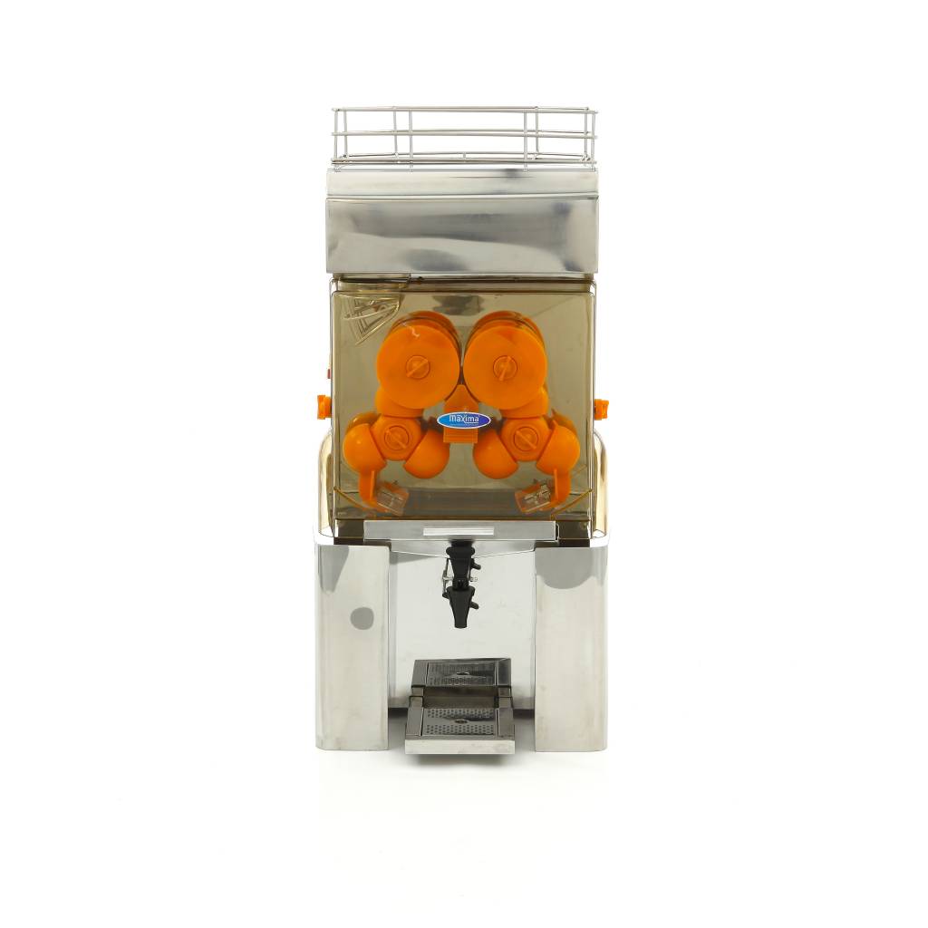 Presse-agrumes électrique Maxima, presse-orange avec robinet, capacité de 20 kg, 25 par minute, vue de face.