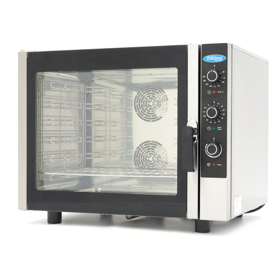 Four combiné Maxima pour boulangerie, capacité à 6 plateaux 1/1 GN, contrôle analogique, alimentation 400V, en fonctionnement.
