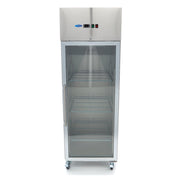 Réfrigérateur en acier inoxydable Maxima de 600 L avec porte en verre et 3 étagères réglables, intérieur visible.