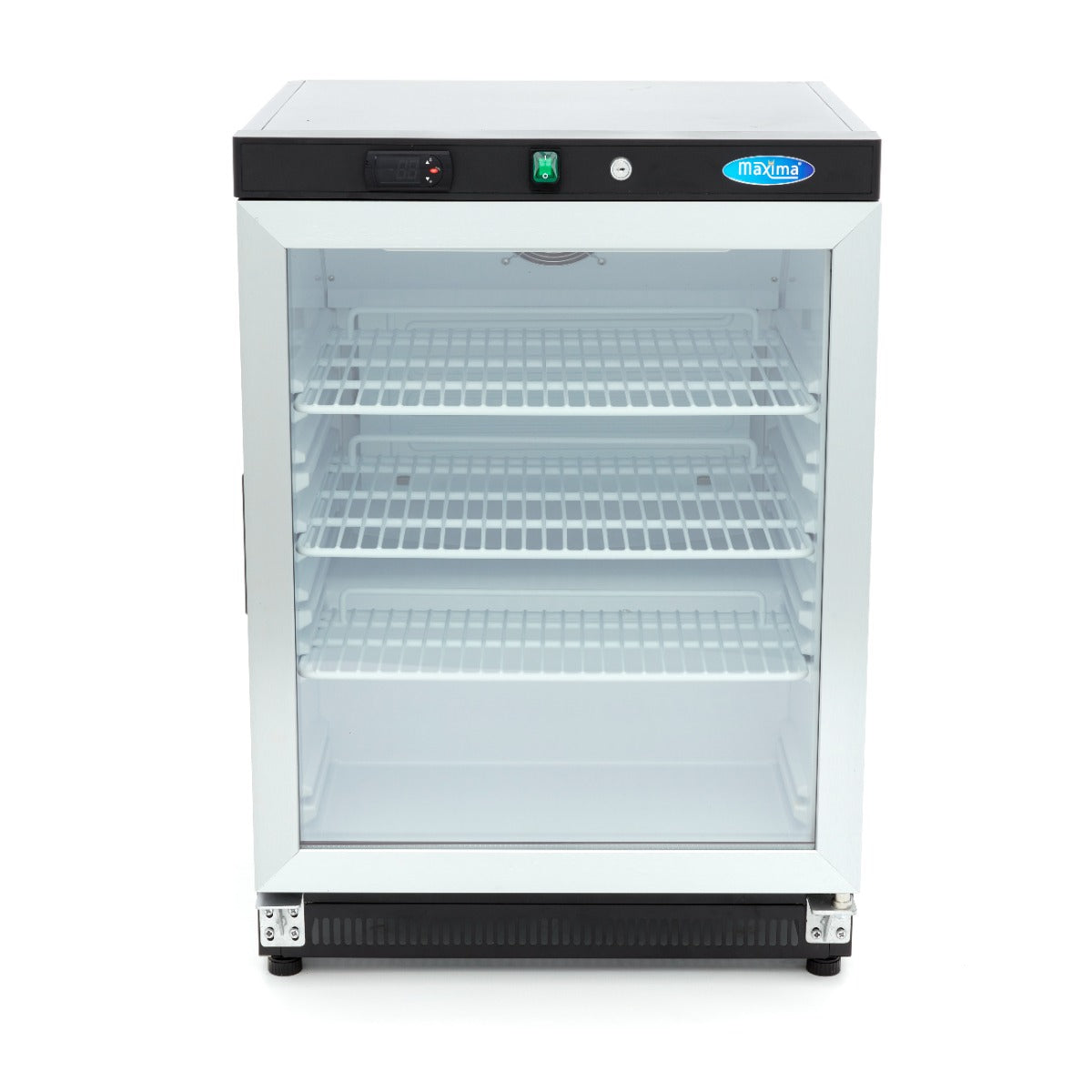 Réfrigérateur Maxima de 200 L noir avec porte en verre, affichant un intérieur organisé et une façade moderne.