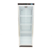 Réfrigérateur Maxima noir de 400 L avec porte en verre, intérieur visible, adapté pour la conservation des aliments.