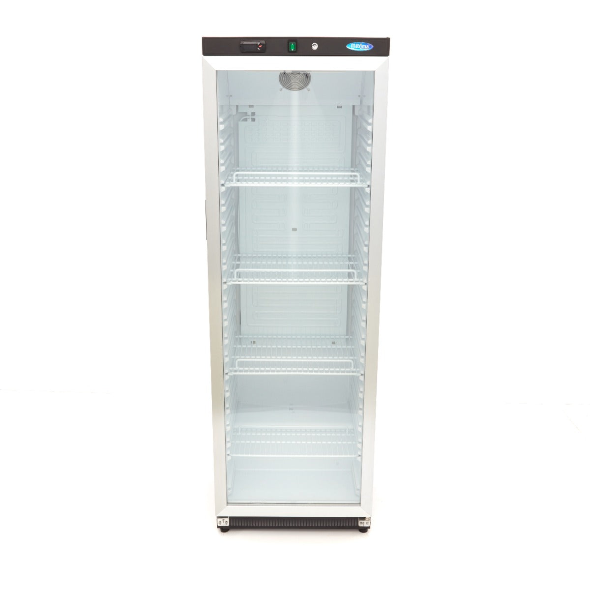 Réfrigérateur Maxima noir de 400 L avec porte en verre, intérieur visible avec étagères et compartiments.