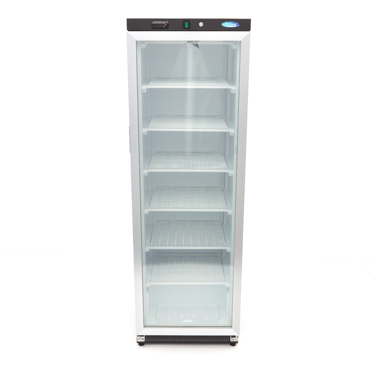 Congélateur professionnel Maxima de 400 L noir avec porte en verre, design moderne et capacité de stockage élevée.