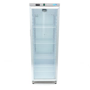 Réfrigérateur Maxima en acier inoxydable de 400 L avec porte en verre, design moderne et intérieur spacieux.