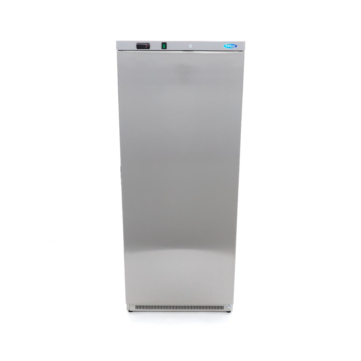 Réfrigérateur Maxima en acier inoxydable de 600 L avec 4 étagères réglables, intérieur visible, finition inox brillante.