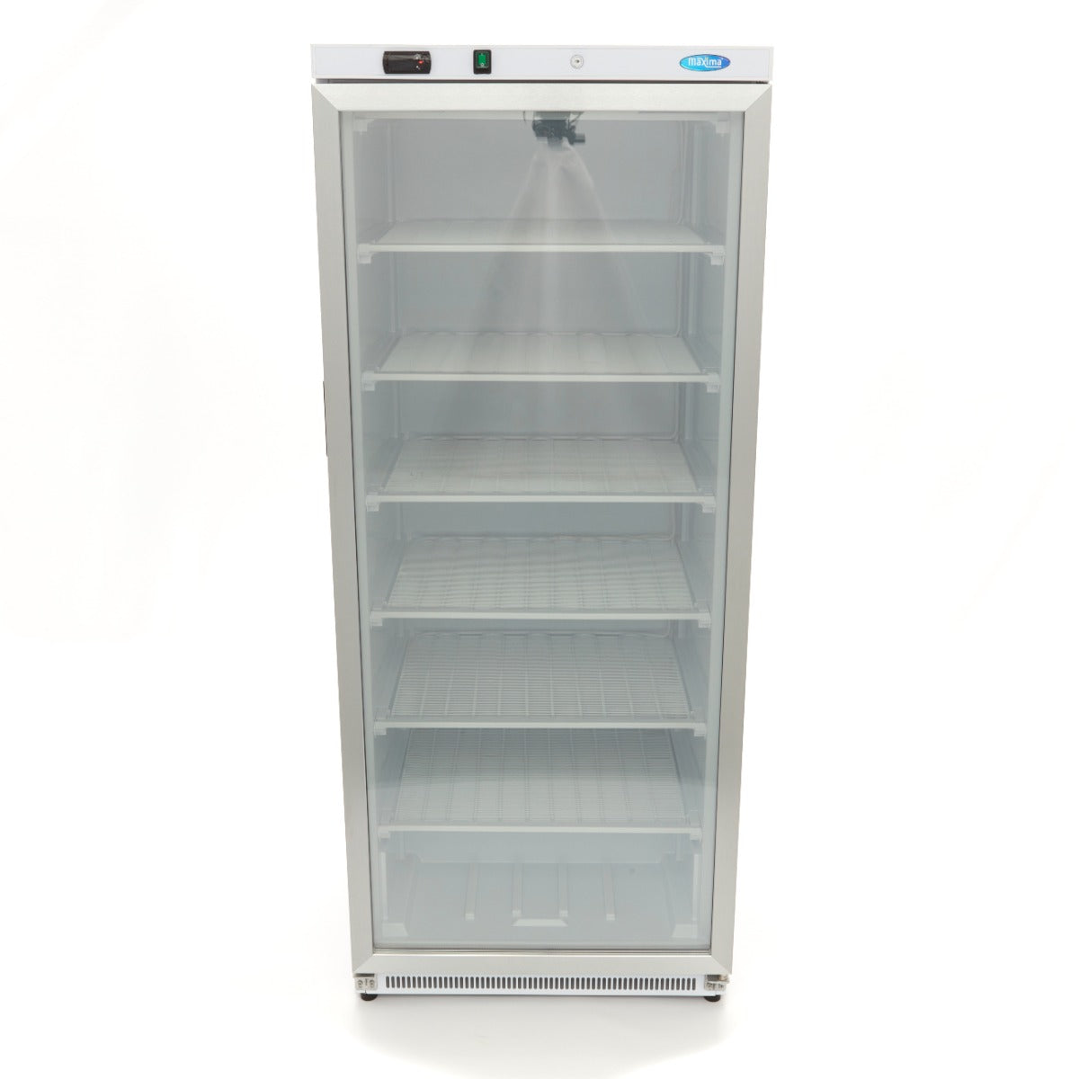 Congélateur professionnel Maxima de 600 L blanc avec porte en verre, design moderne et espace de stockage élevé.