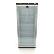 Réfrigérateur Maxima noir de 600 L avec porte en verre, intérieur visible, design moderne et spacieux pour la cuisine.