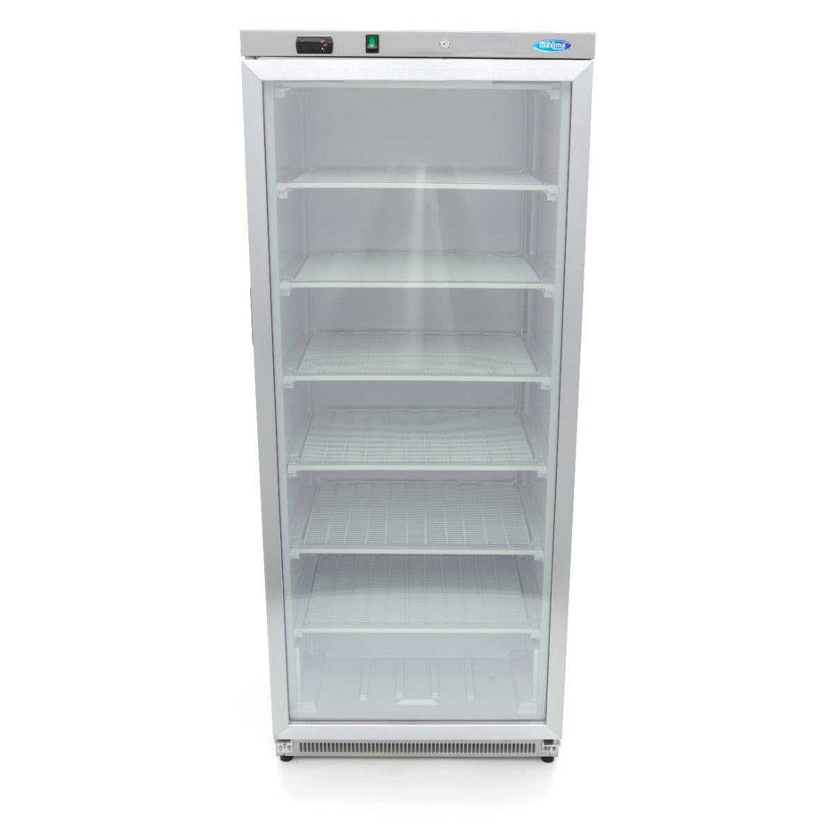 Congélateur professionnel Maxima de 600 L en acier inoxydable avec porte en verre transparent.