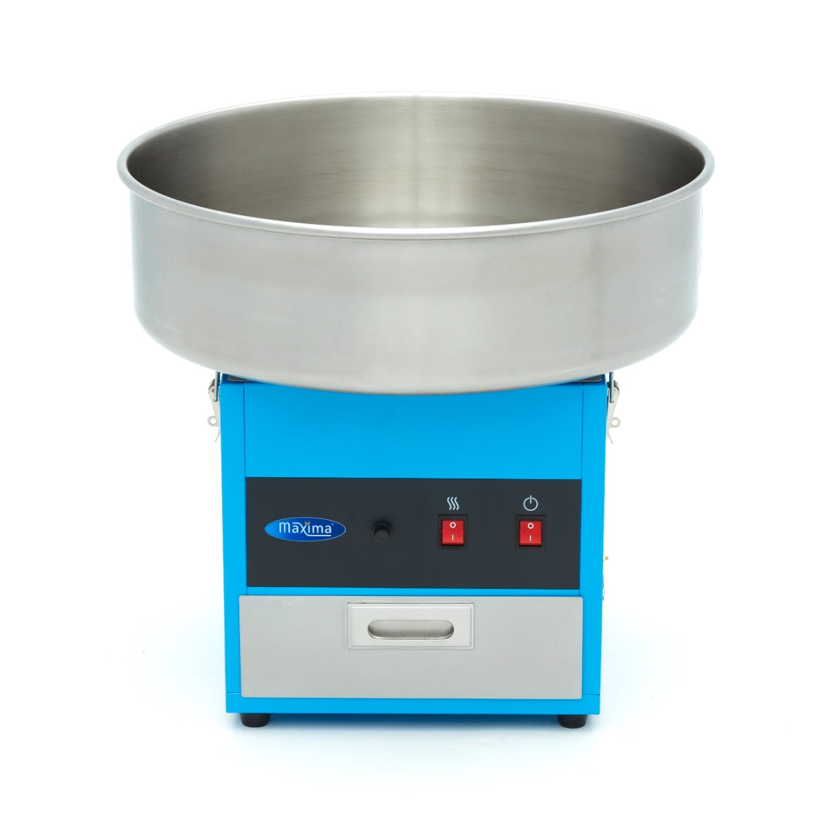 Machine à barbe à papa Maxima, diamètre de 52 cm, couleur bleue, avec composantes pour faire des sucreries en filaments.