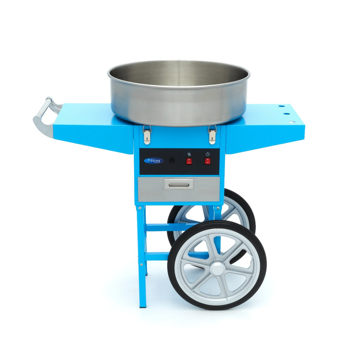 Machine à barbe à papa Maxima, diamètre 52cm, bleue, avec chariot, prête à faire des confiseries sucrées.