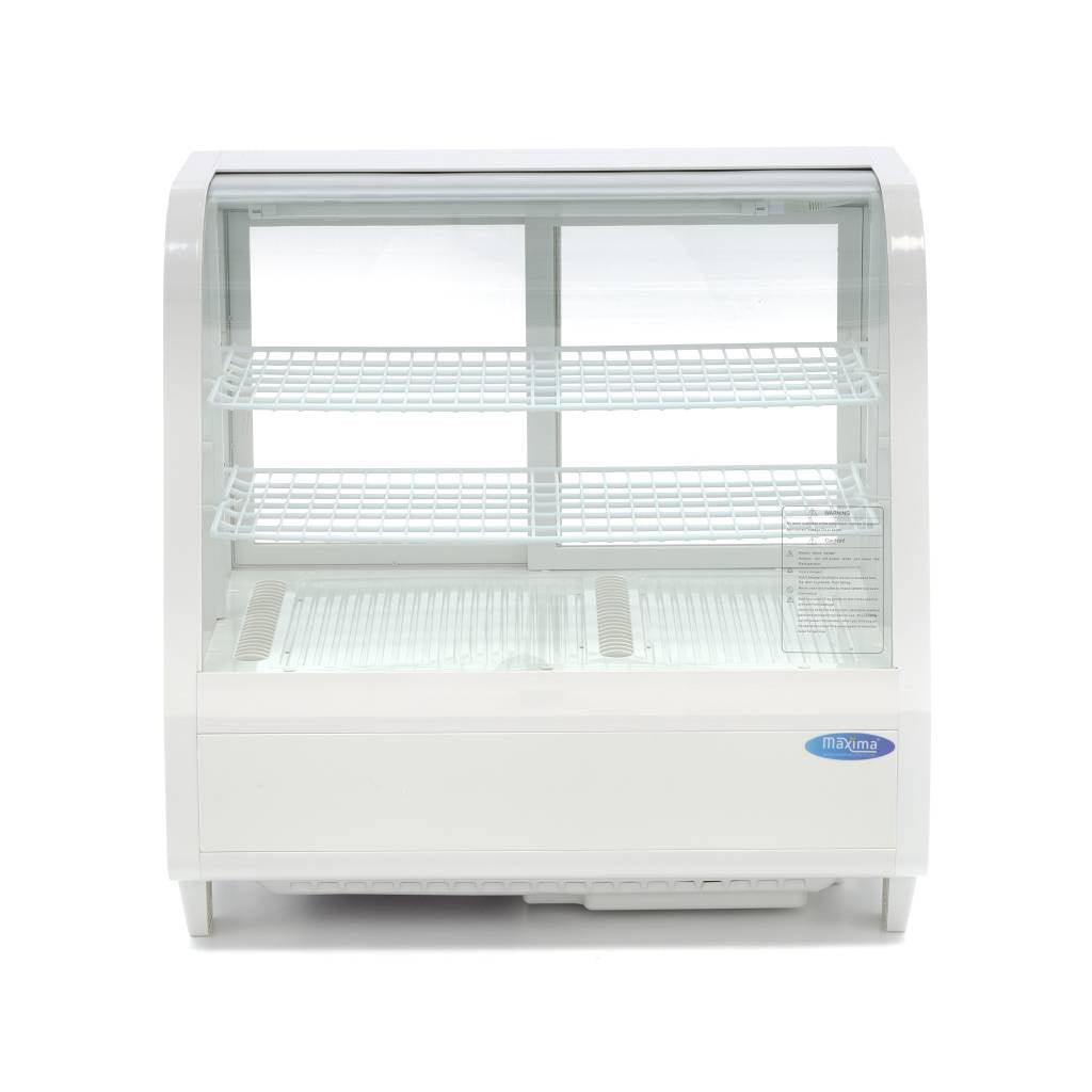 Vitrine à gâteaux blanche réfrigérée Maxima de 100 L avec une largeur de 68 cm, idéale pour exposer des pâtisseries.