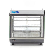 Vitrine chauffante Maxima de 96L avec 3 étagères, dimensions 67,5 cm, en verre pour présentation de produits chauds.