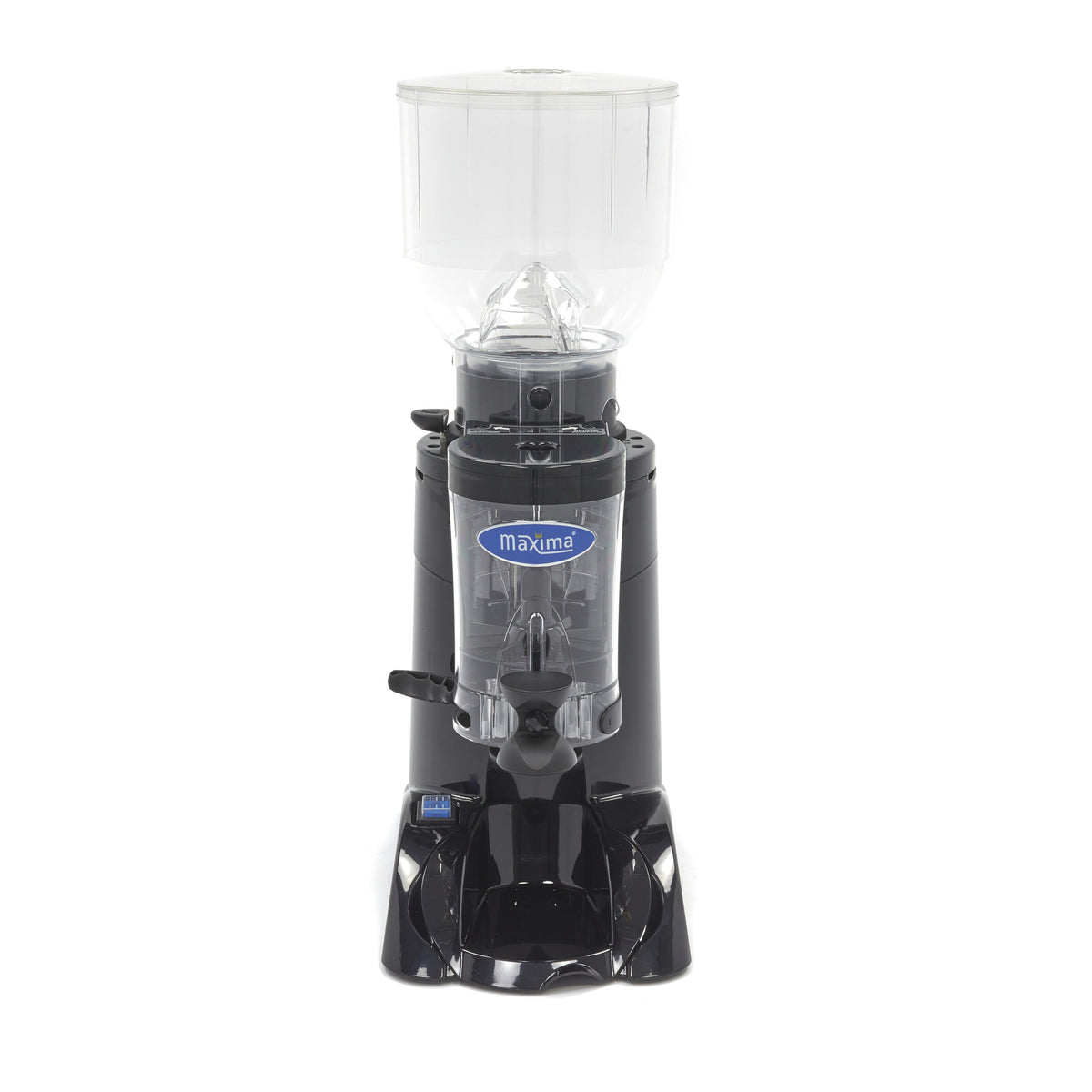 Moulin à café Maxima pour 2 kg de grains avec doseur et clapet de niveau, vue de face, en fonctionnement.